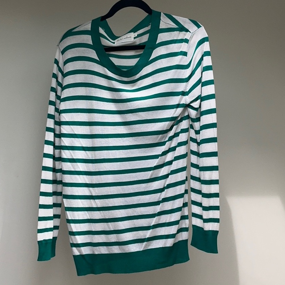 Emerald Green and White Crew Neck Striped Sweater cashmere blend size M
